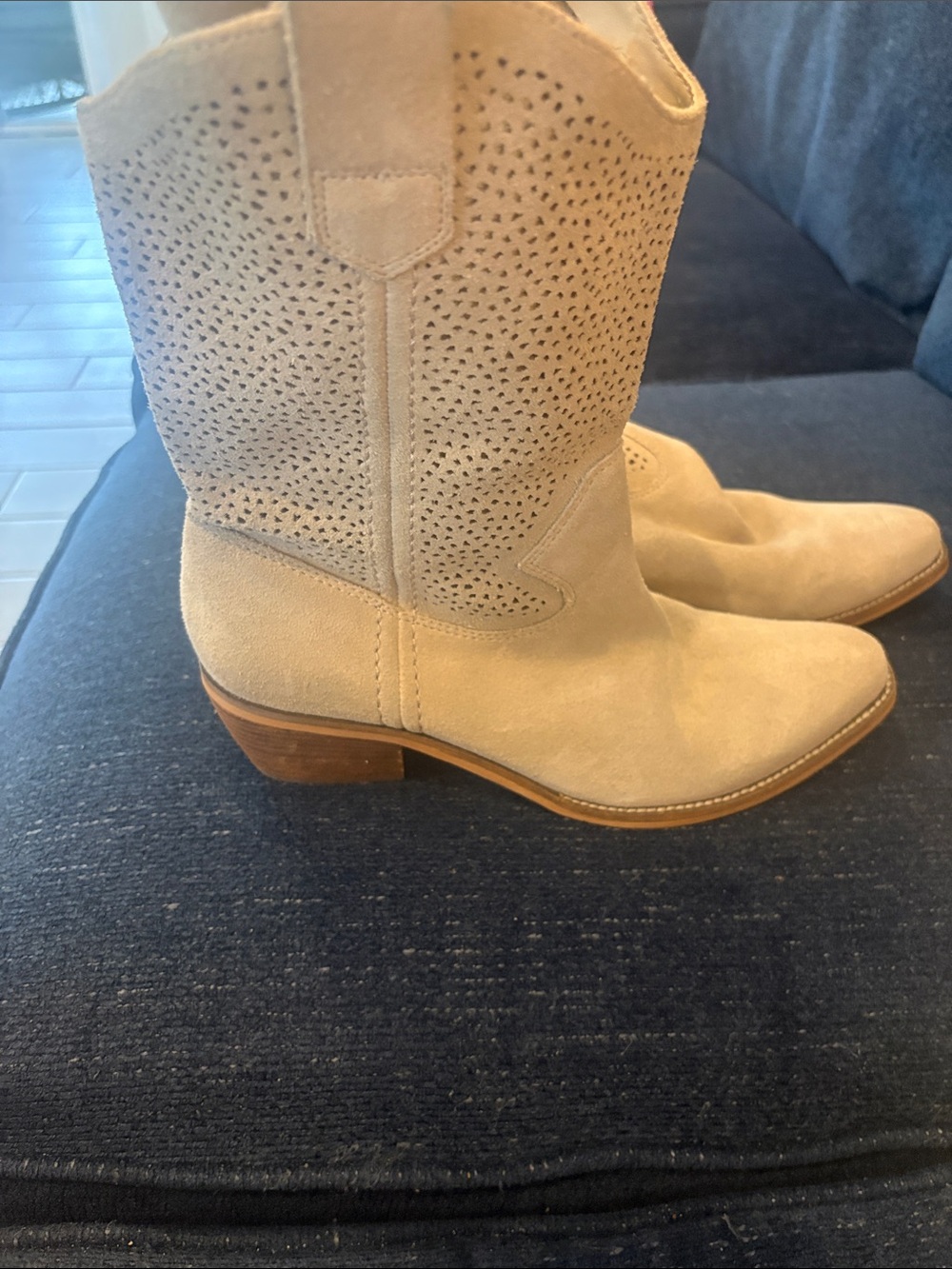 BCBGeneration Light Beige Suede Perforated Mid-Calf Western Boots